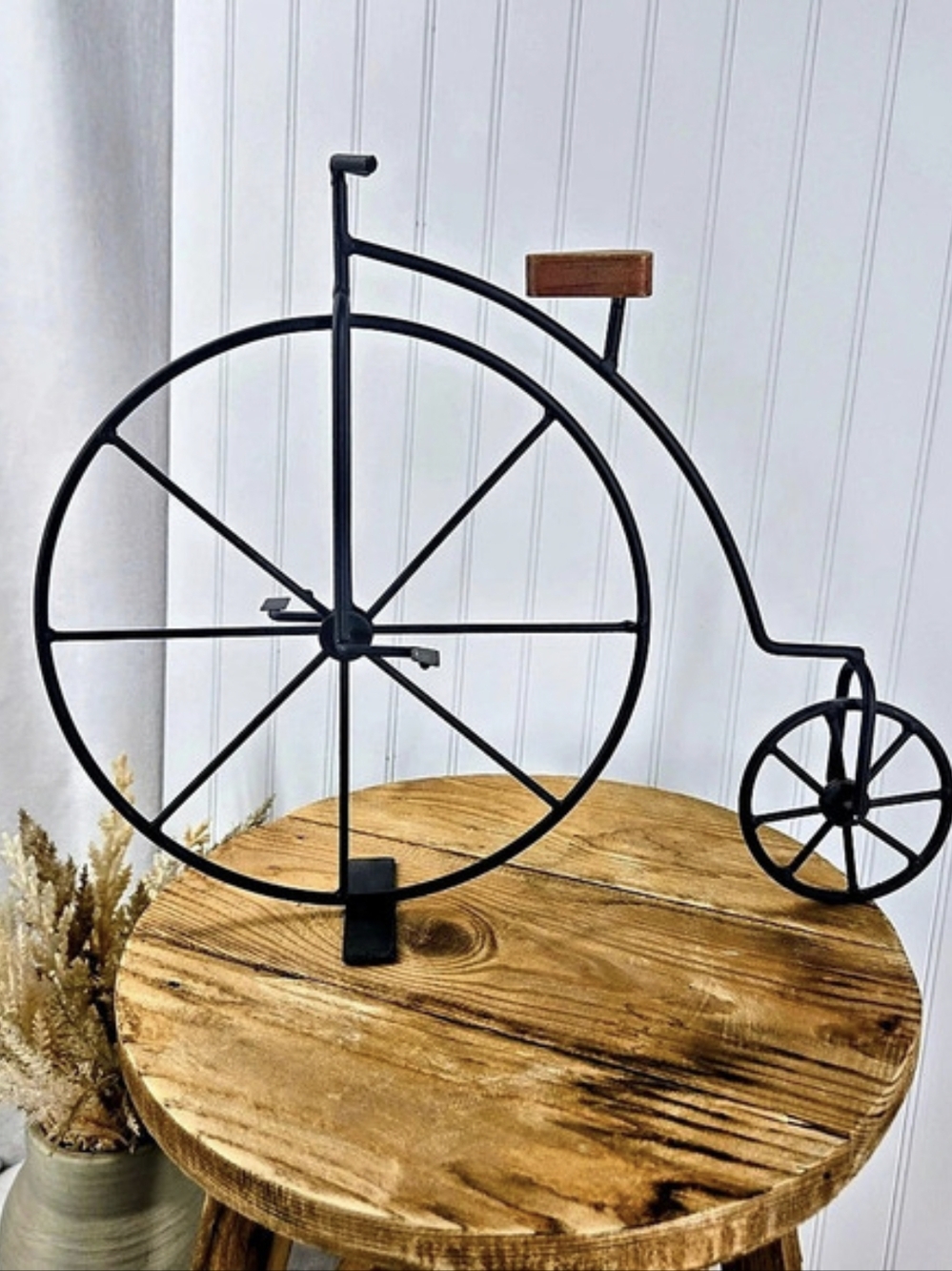 Metal Penny Farthing Bicycle Tabletop Decor Wood Seat Bicycle Vintage Style